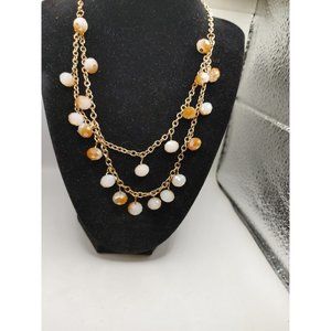 Necklace Gold Tone double Strand Cream & Caramel Beads Lobster Clasps Extension